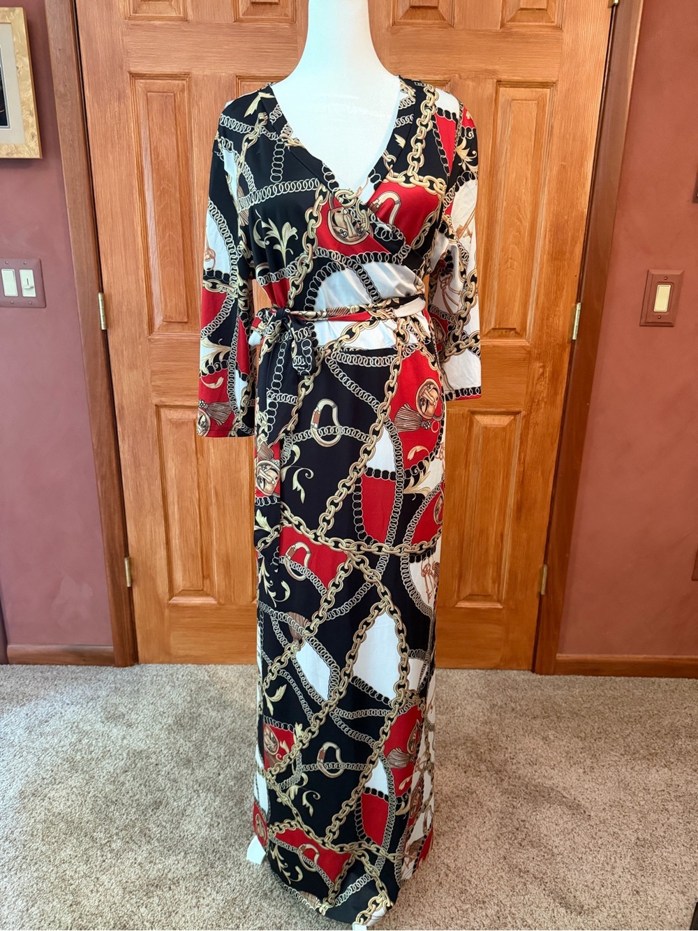 Chain-Print Wrap Maxi Dress - Black/Red/White